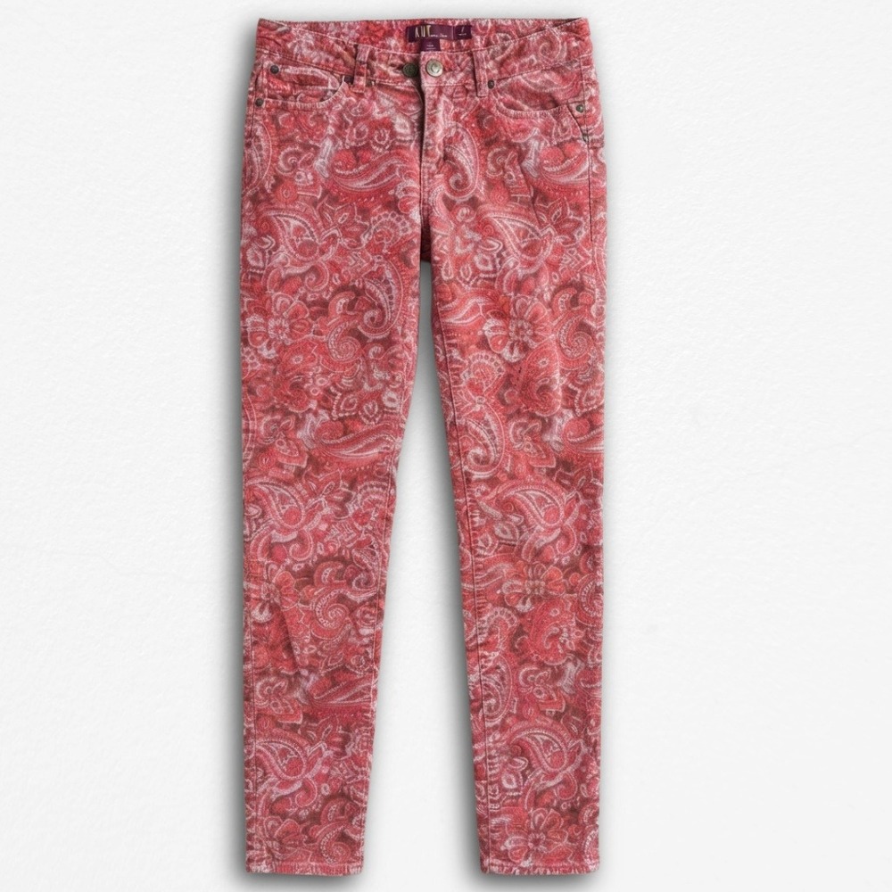 Prana Kara Corduroy Pants Womens 2 Red Paisley Print Skinny Leg Stretch Trousers